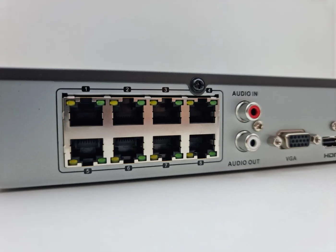 Rear panel of a PoE network video recorder (NVR) with eight camera ports