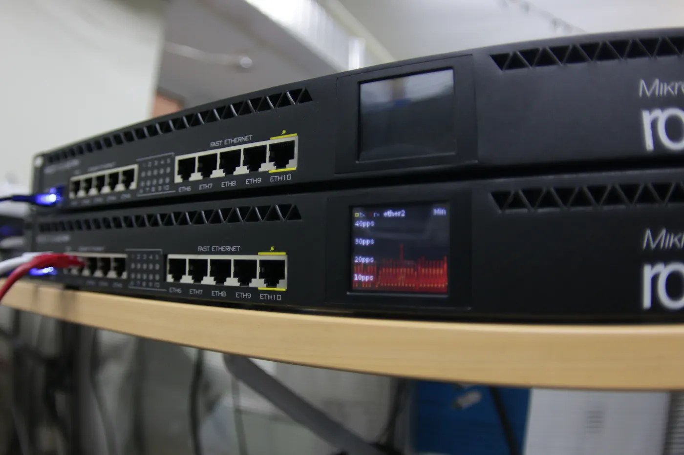 Rack-mounted MikroTik router with Ethernet ports
