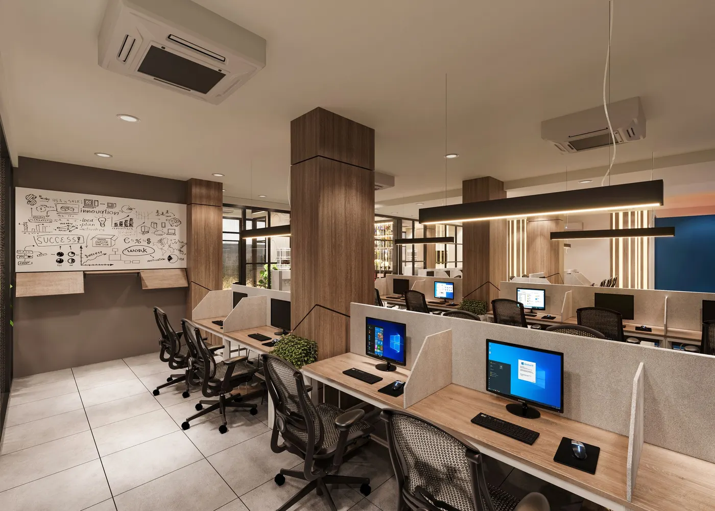 Modern office with rows of computer workstations