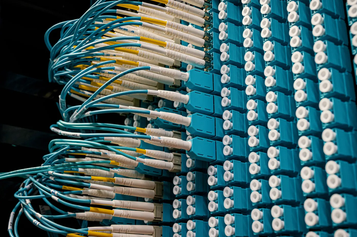 Fibre optic patch cables connected to a high-density fibre patch panel